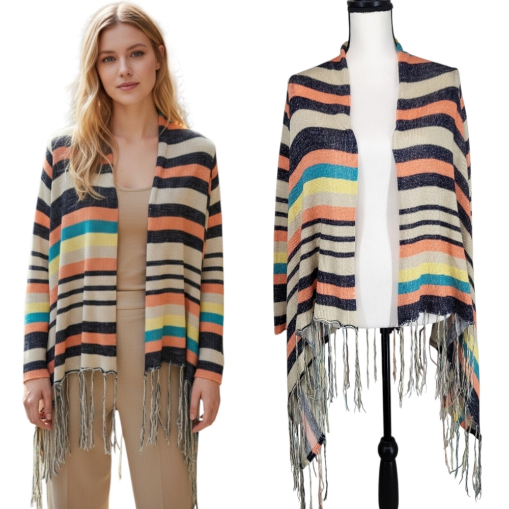 Reba Multicolor Striped Fringe Cardigan Sweater Boho Open Front Knit Small